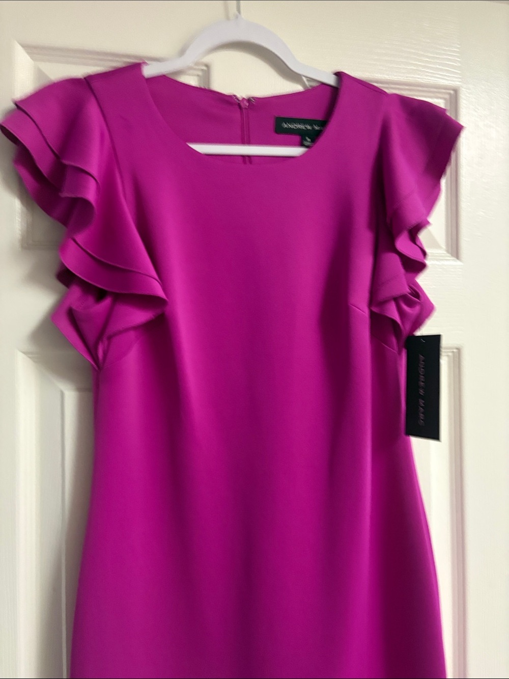 Andrew Marc Fuchsia Ruffle Sleeve Shift Dress raspberry pink size 8 . NWT